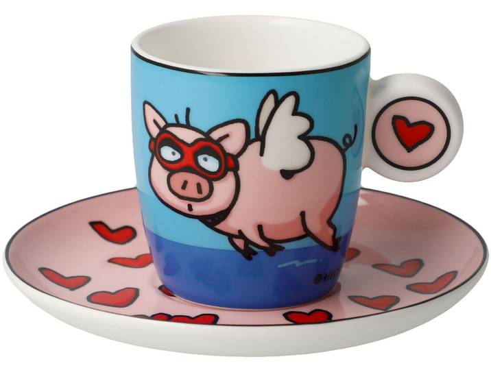 Tasse GOEBEL Espressotasse Ed Eck- When Pigs Fly , bunt, B:12cm H:7cm, Porzellan, Trinkgefässe, Tasse