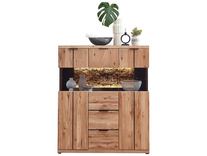 Linea Natura Highboard, Schwarz, Wildeiche, Holz, Glas, Holzwerkstoff, Wildeiche, Kork, furniert, massiv, 4 Fächer, 2 Schublade(n) Schubladen, 122x144x42 cm, Beimöbel erhältlich, Wohnzimmer, Wohnwand, Wohnwand- Serien