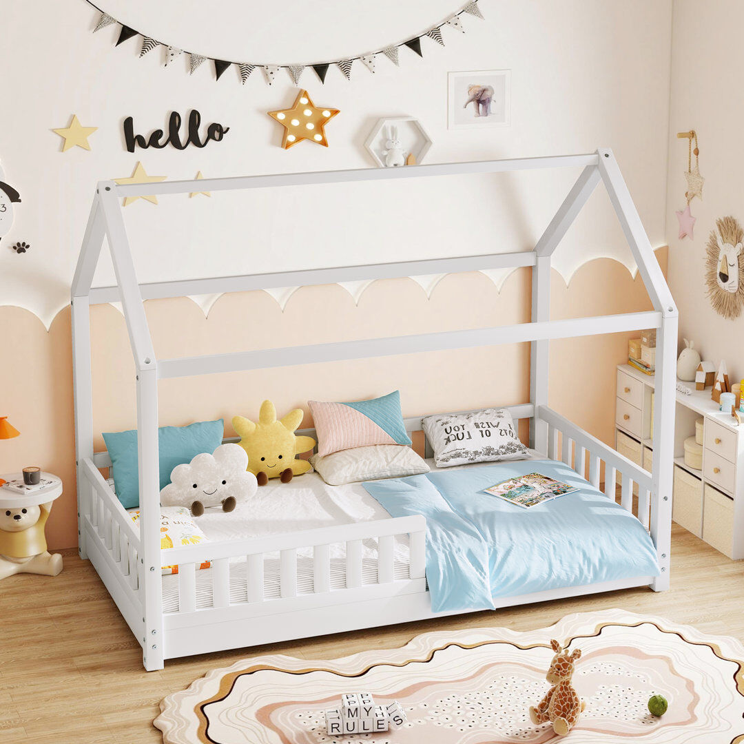 Ebern Designs Solid Wood House Bed with Guardrails, Montessori Floor Bed for Kids, Low Profile Toddler Bed Frame with Slats White