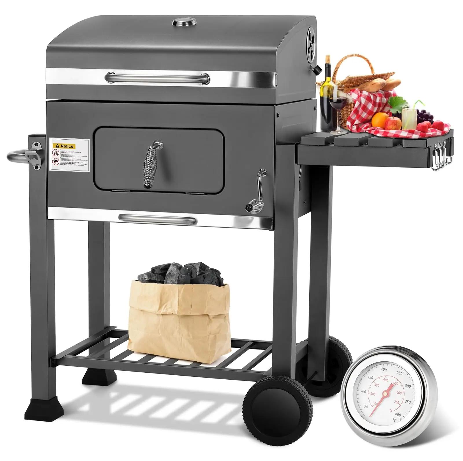 Holzkohlegrill Wagen - BBQ Grill mit Deckel - Smoker - Fahrbarer Grill mit 2 Rädern - Grillrost und Thermometer - Grau