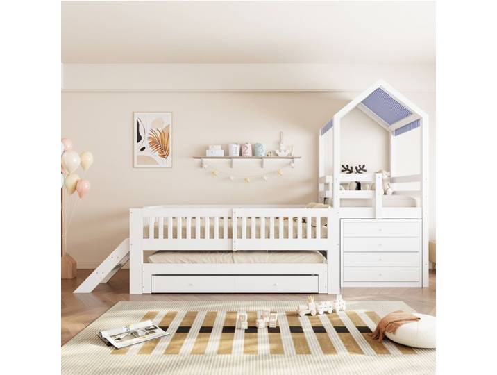 ULEVR Lit combiné enfant maison blanc 90x200 cm avec lit gigogne 90x190 cm 4 tiroirs et échelle latérale