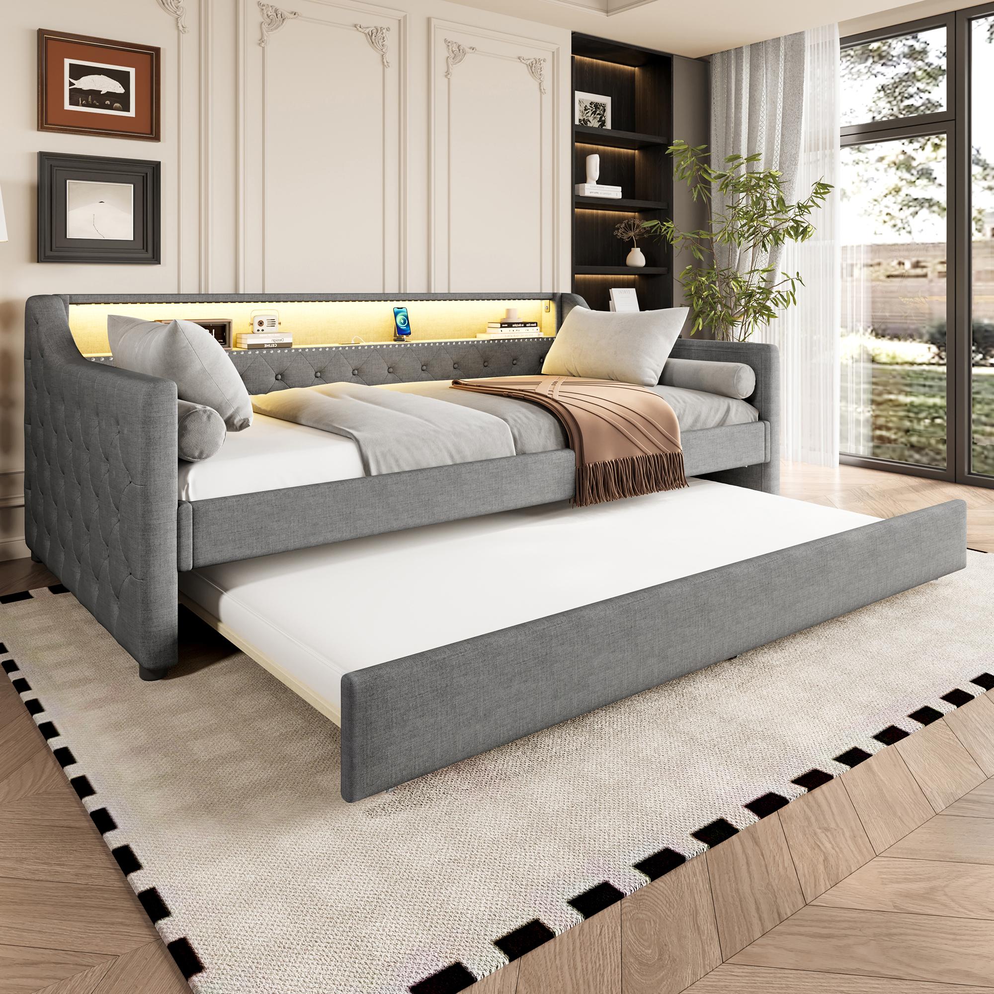 Daybett, 90 x 200cm, Schlafsofa, Tagesbett mit Lattenrost (ohne Matratze), Mit LED-Leuchten, Bett mit ausziehbarem Bett, USB-Ladebuchse, Linen, Grau