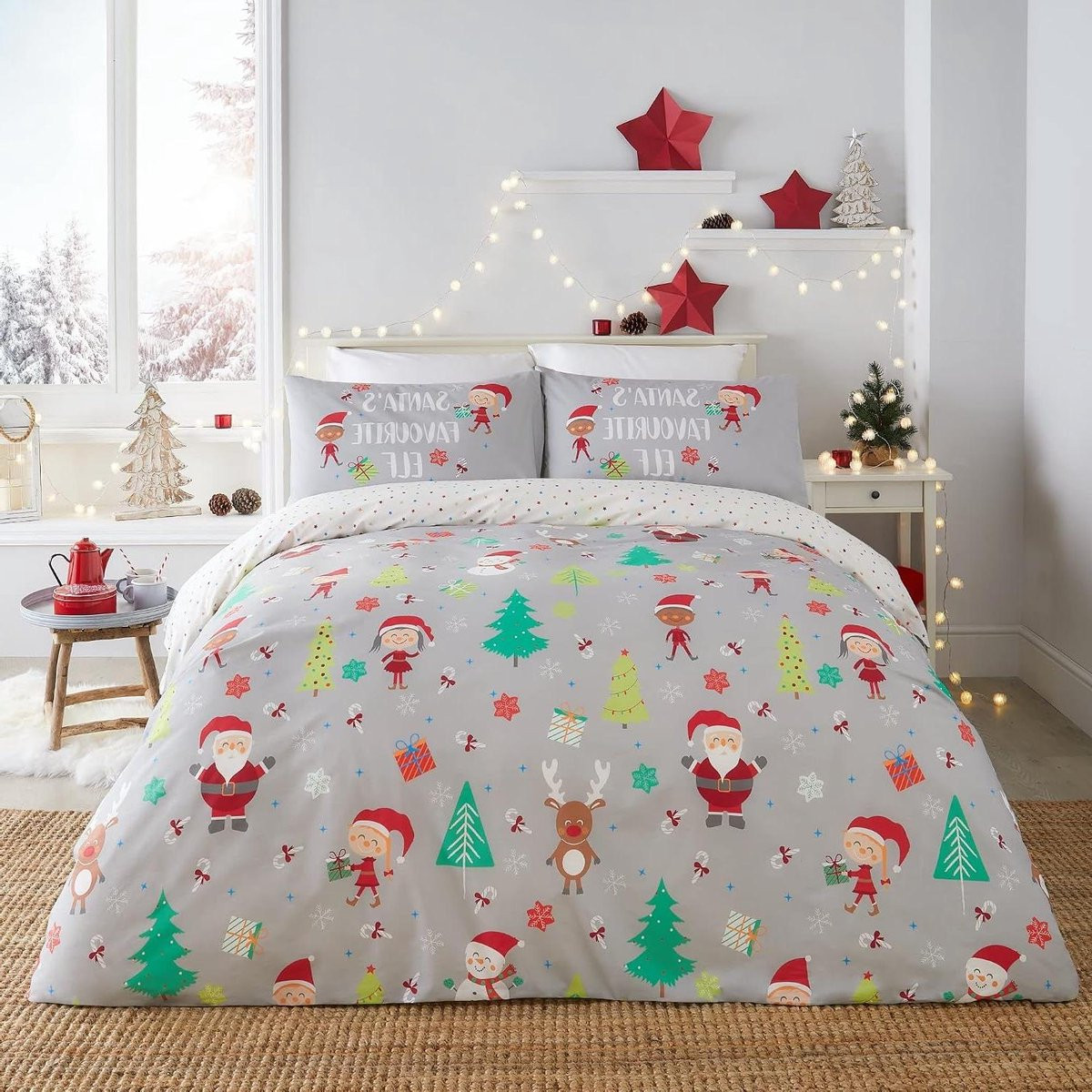 Merkloos Omkeerbaar Kerst Dekbedovertrek Set - Grijs - Maat L