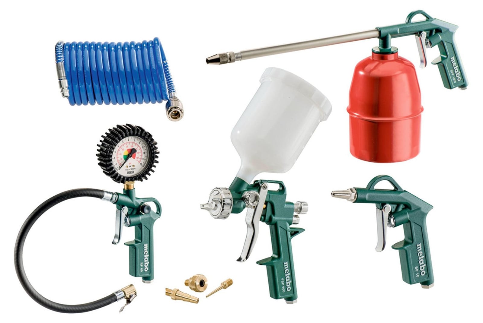 Metabo LPZ 7 Gereedschapset voor perslucht met blaaspistool, bandenspanningsmeter, verfspuit, spuitpistool en spiraalslang
