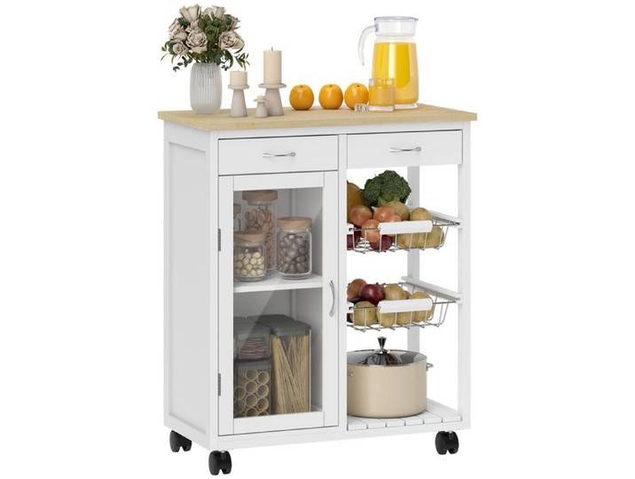 Desserte de cuisine - HOMCOM - sur roulettes - plateau en bambou porte vitrée 2 paniers et 2 tiroirs - MDF - 67x35x80cm - blanc