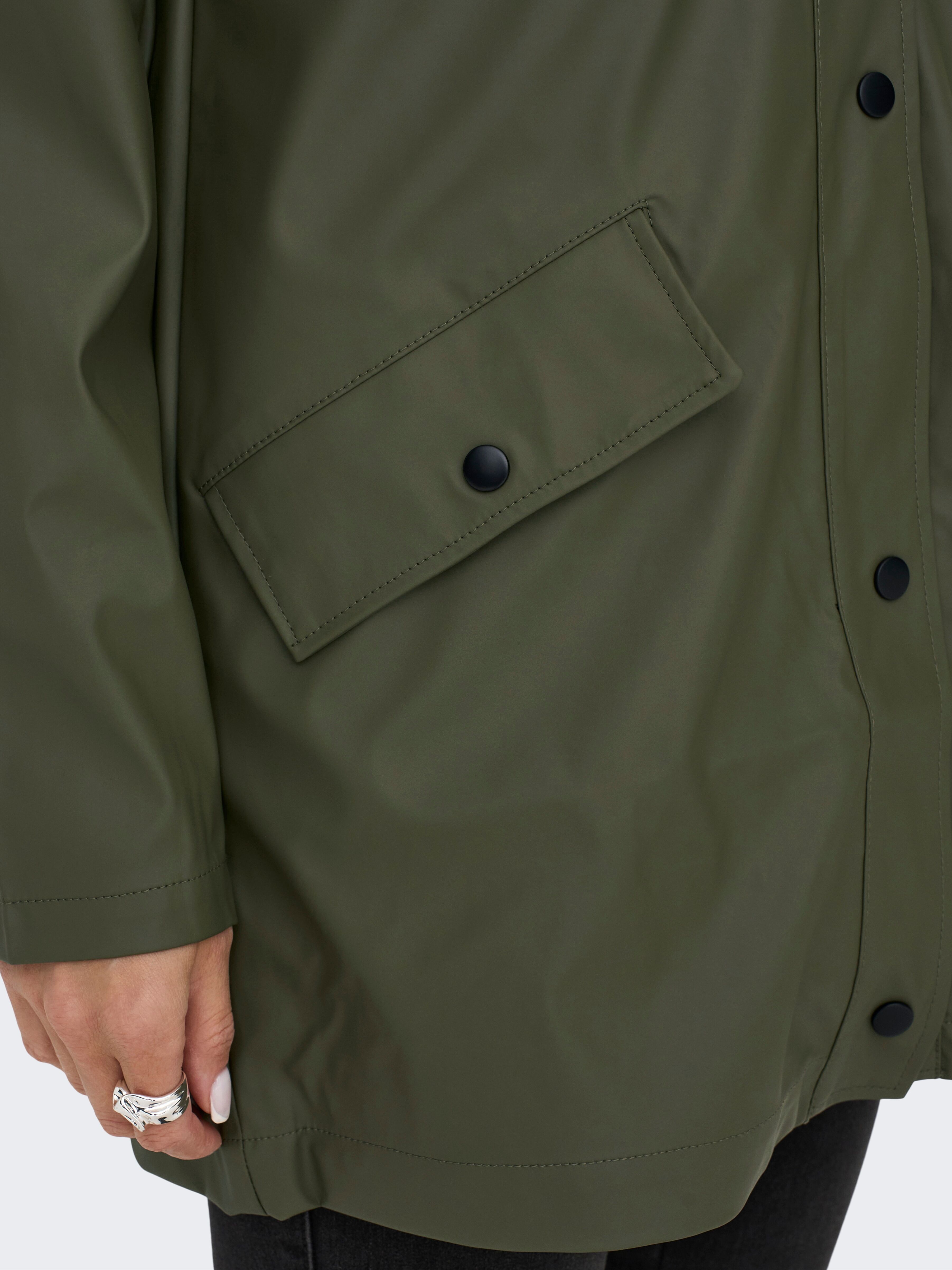 Kurzmantel ONLY "ONLELISA RAINCOAT OTW NOOS", Damen, Gr. XS, grün (kalamata), Web, Obermaterial: 100% Polyester, unifarben, Po-bedeckend, Mäntel Kurzmantel, beschichtete Qualität kalamata XS