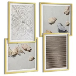 BILDER SET 4er Set - 50x50 cm & 40x60 cm Goldrahmen - Natürliche Texturen Holz Steine