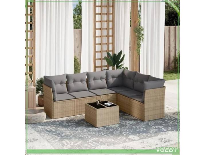 Salon de jardin - Ensemble 7 pcs - Beige résine tressée - Coussins déhoussables - Modulable 6 places