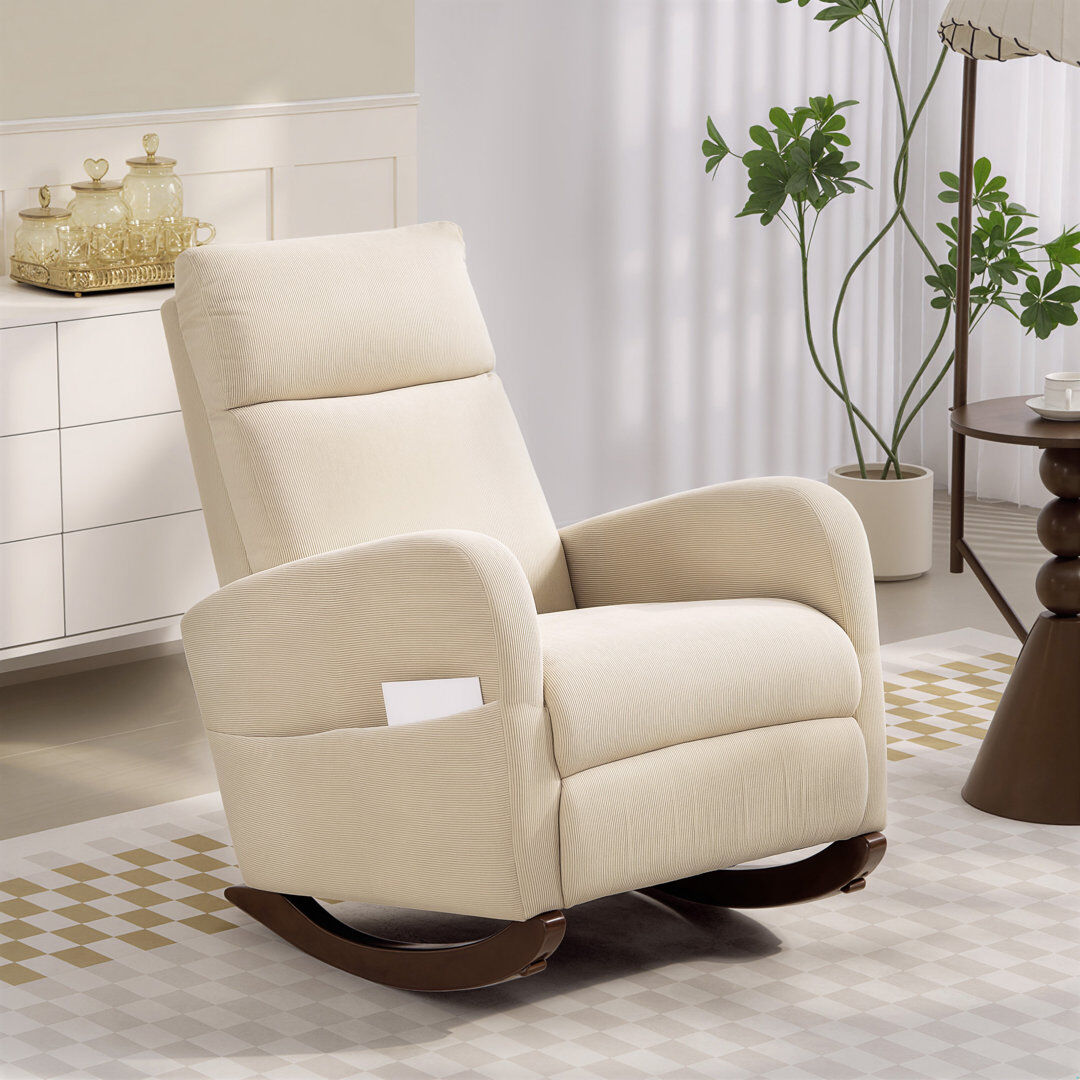 17 Stories Modern High Back Corduroy Leisure Rocking Chair for Nursery, Grey Beige 105cm H X 67cm W X 94cm D