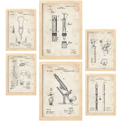 POSTER Set Mit 6 Plakaten Mit Medizin Patenten Im Vintage Stil A3 & A4 Rahmen Aus Hellem Holz
