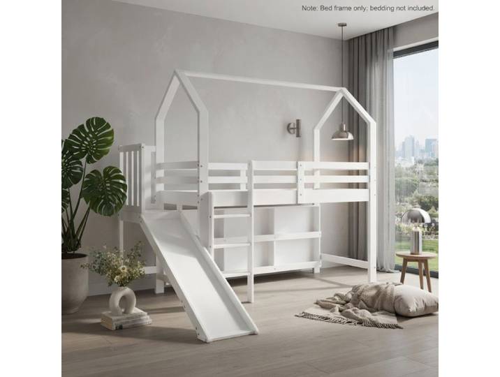 CollaHausse Lit Enfant 90x200 cm Blanc en Bois avec Toboggan Échelle et Étagères