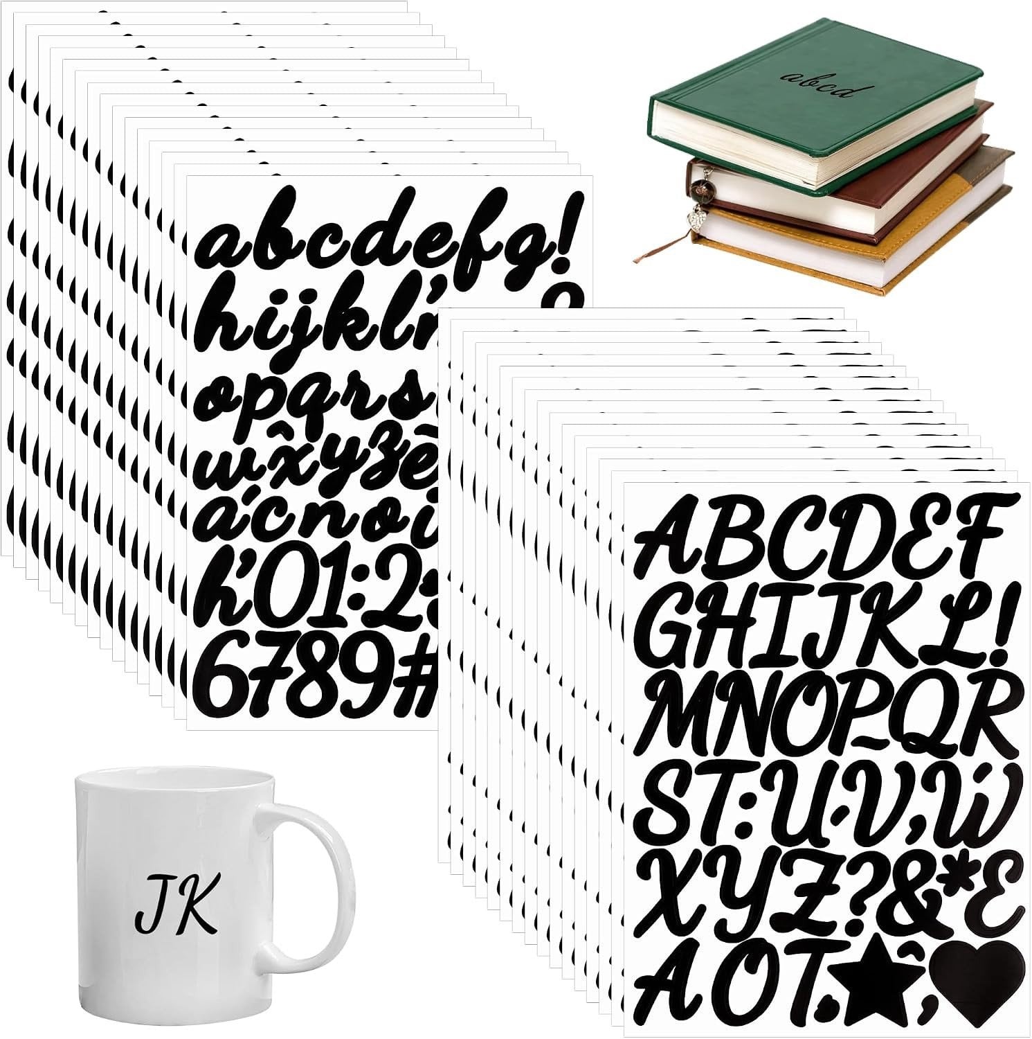 Zelfklevende zwarte stickers met cijfers en letters voor creatieve projecten en decoratie