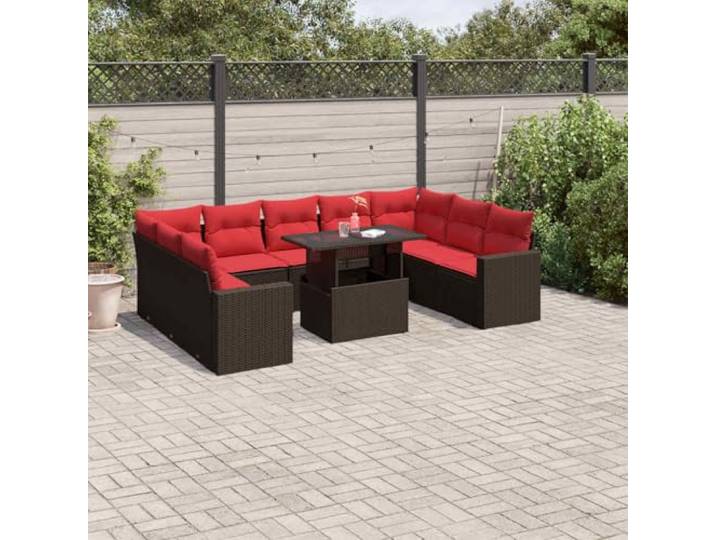 Polyrattan verstellbare Tischplatte Garten Terrasse Balkon 10 teilig Braun 10-teiliges Polyrattan Gartenmöbel Set mit Kissen Braun, modulares Lounge Sofa mit verstellbarem Tisch, UV-beständig für