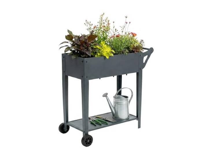 Relaxdays jardinière surélevée avec Tablette\, 2 Roues\, Anthracite jardin/balcon/terrasse\, HxLxP 80x85x50 cm\, mobile
