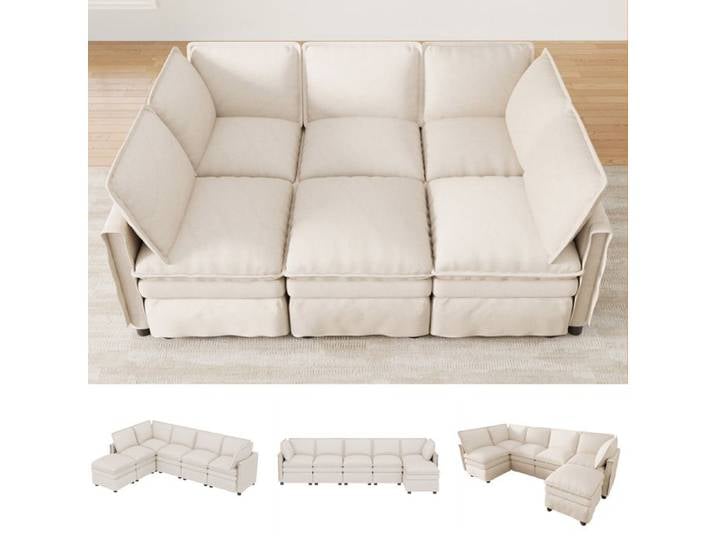 Canapé d'angle XXL modulable avec couchage méridienne U/L pouf amovible revêtement chenille beige