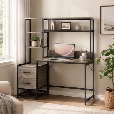 "60"" Tall Computer Desk Writing Table with 2 Drawers and Storage Shelves"