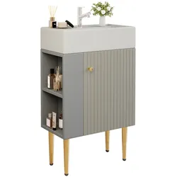 OKWISH Kompakter Badezimmerschrank mit Ablagefächern, 55x31x91 cm, Hochglanz-Keramikbecken, wasserdicht und pflegeleicht, für kleine Bäder, Grau+Weiß