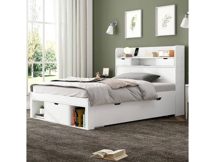 Lit simple blanc 90x200 - ports USB - tiroirs armoire - rangement enfant/ado - multifonction - Sans Matelas