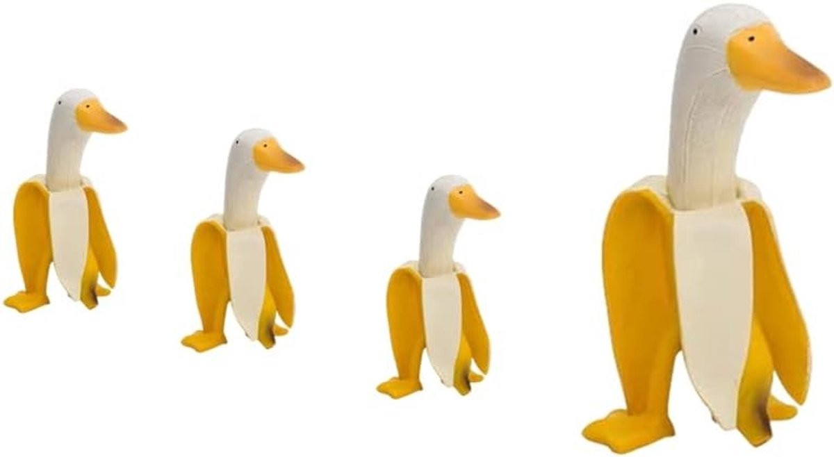 Set van 4 Gele Bananen Eend Tuinbeeldjes van Hars voor Decoratie van Tuin en Patio