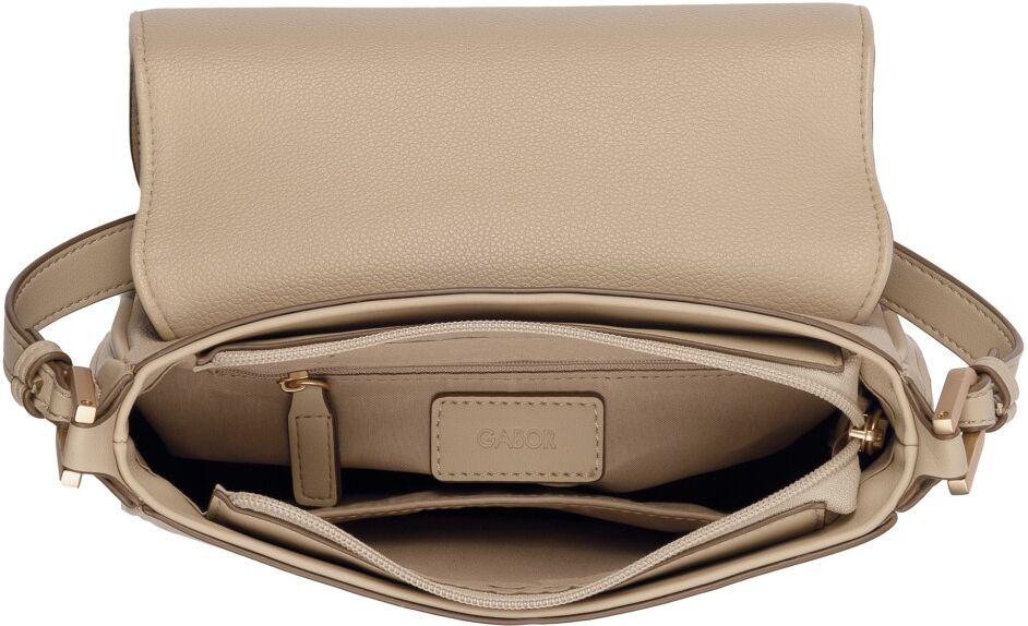 Umhängetasche GABOR "Devika", Damen, Gr. B/H/T: 24,5cm x 19cm x 8,5cm, beige, Polyurethan, clean, gepflegt, unifarben, Taschen Umhängetasche, runde Formen sowie dekorative Seitenakzente mit Mini-Taschenanhänger