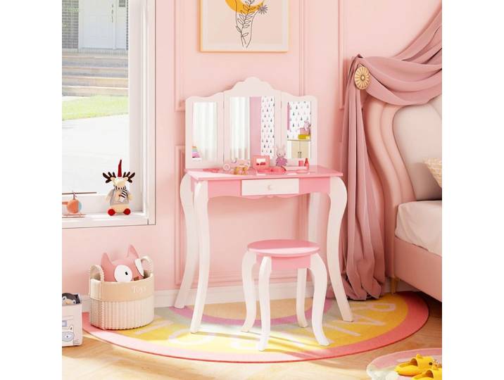 GOPLUS Ensemble de Coiffeuse et de Chaise pour Enfants avec Miroir Pliable en 3 Parties Plateau Amovible pour les enfants3 à 7