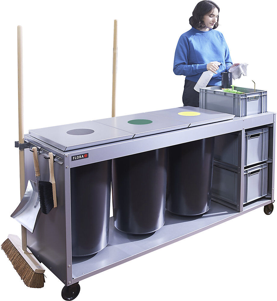 Reinigungsstation Trio Plus, mit 3 x 60-l-Abfallbehälter und 3 Schubkästen, silber FLORA