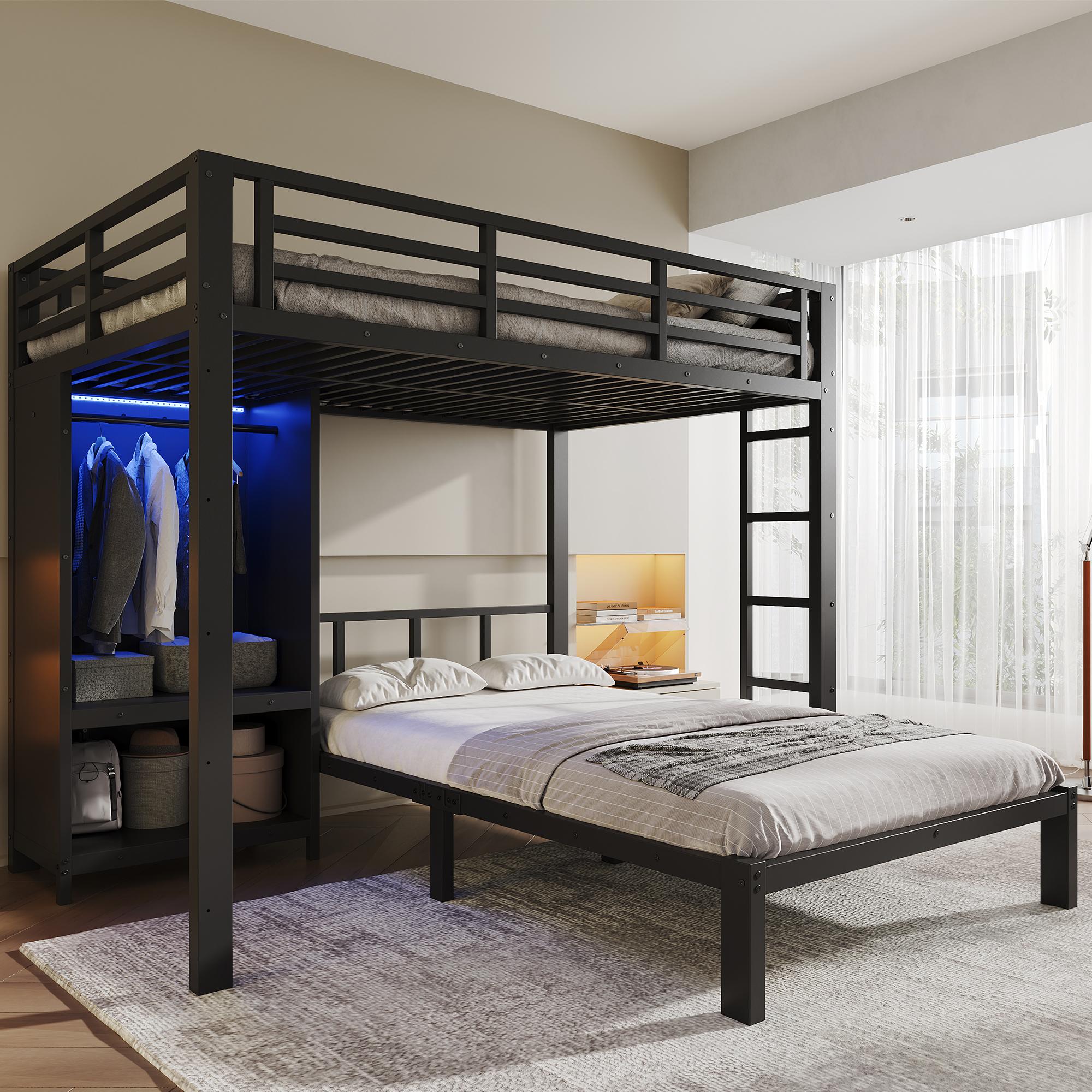 Merax Etagenbett Metallbett 120x200cm mit 2 Liegeflächen, Kinderbett mit Kleiderschrank, Jugendbett mit LED-Beleuchtung und gerader Leiter, Schwarz