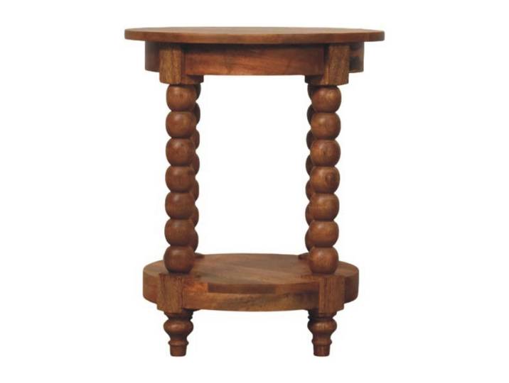 Artisan Furniture Beistelltisch Golden-Teak-Finish, 1 offenes Regal in der Mitte, Braun, Holz, Echtholz,Mangoholz, Rund, 45x55x45 cm, Wohnzimmer, Wohnzimmertische, Beistelltisch