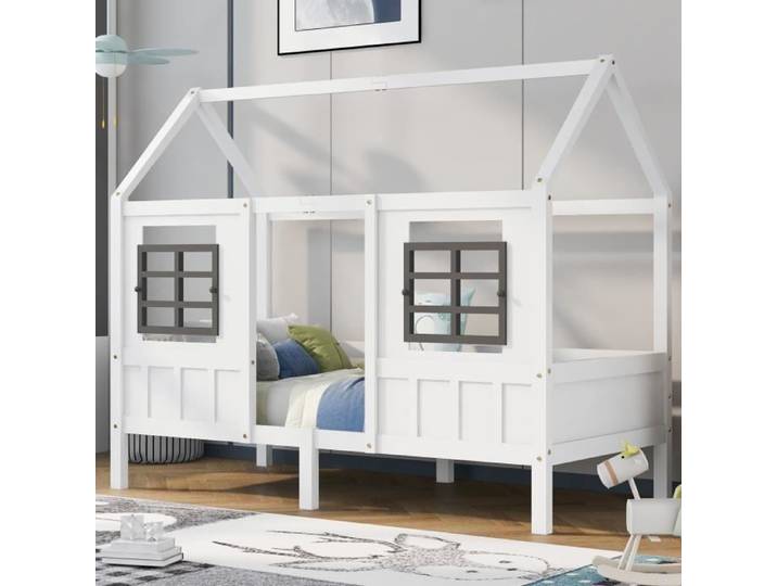 Lit cabane enfant 200x90cm lit simple lit enfant avec 2 fenêtres cadre en pin MDF blanc