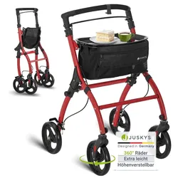 Juskys Aluminium Wohnungsrollator Aktiv - Tasche & Tablett - Rollator schmal & faltbar - Rot