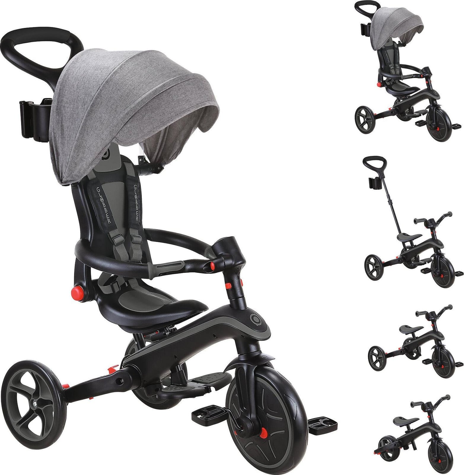 Globber Explorer Trike 4-in-1 opvouwbare kinderwagen, driewieler en loopfiets, grijs