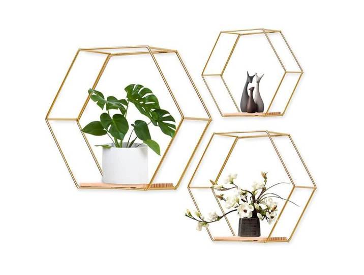 Lot de 3 Étagères Murales Hexagonales en Métal et Bois Décoration Murale pour Cuisine Salle de Bain Chambre à Coucher