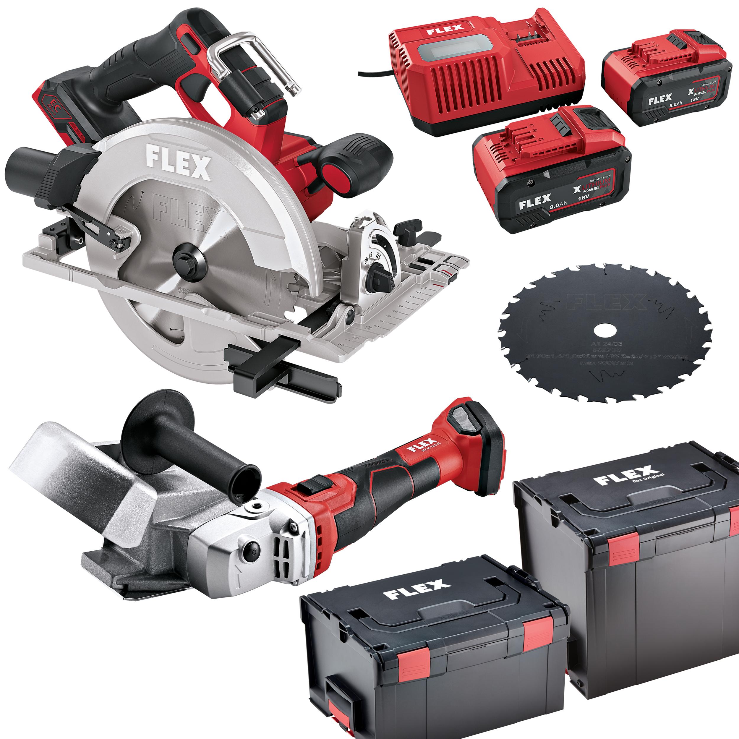 Flex Akku Rinnenträger-Einlassfräse + Handkreissäge + Akku Set P-Set 18-88 R