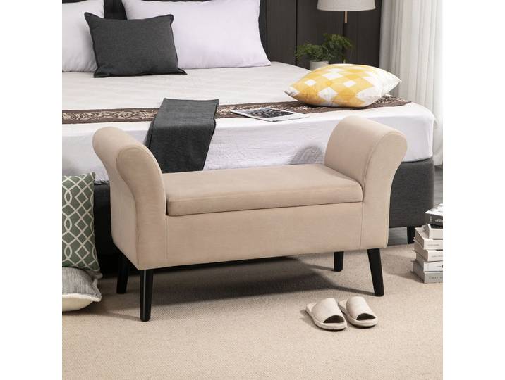 HOMCOM Banc Rembourré Velours Beige avec Rangement et Accoudoirs