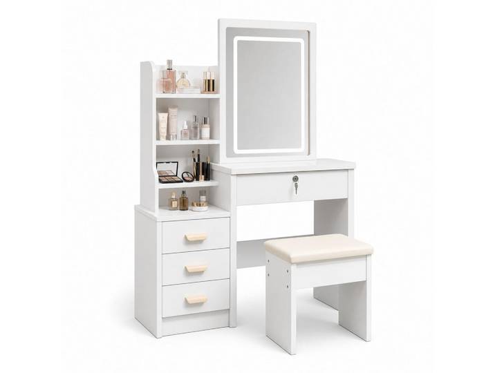 Stilvora Schminktisch in Weiß Frisiertisch mit Spiegel LED-Beleuchtung Hocker 4 Schubladen 3 Farbmodi, B85/T36/H130cm, Glas, Rechteckig,Rechteckig, 85x130x36 cm, Schlafzimmer, Schminktische