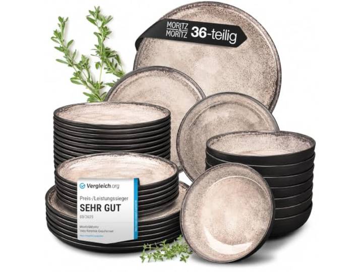 Moritz & Moritz Geschirrset 12 Personen Beige 36-tlg. - Mikrowellen- & Spülmaschinenfest - Modernes Geschirr Set für 12 Personen - Essgeschirr, Tafelservice, Kombiservice - Serie Vida