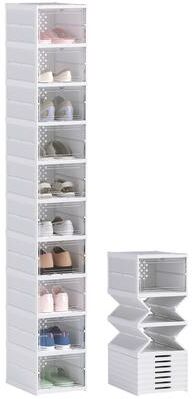 HOMCOM 10 Pack Foldable Shoe Organizer, Plastic No Assembly Stackable Shoe Storage Box with Clear Door, Space Saving