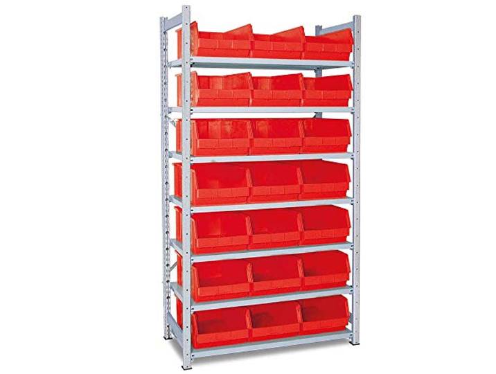 BRB Steckregal, verzinkt, mit 7 Böden, Tiefe 515 mm, bestückt mit 21 Sichtboxen LB 2/21 Liter, rot