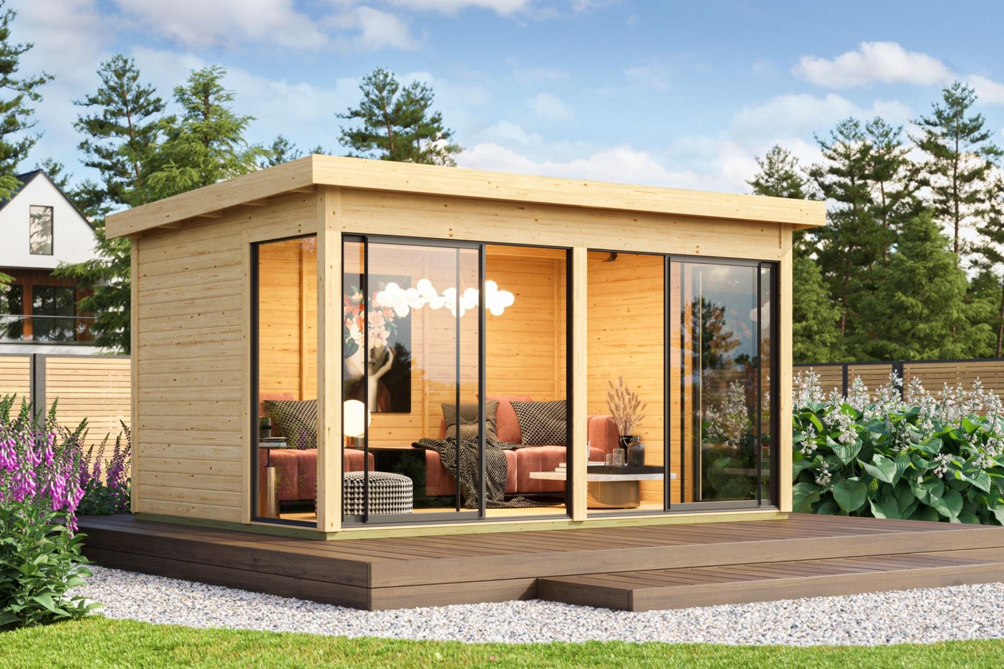 Gartenhaus Holz 38mm Poolhaus Holzhaus Dice 5 mit ALU-Schiebetür naturbelassen 433x308x253 cm
