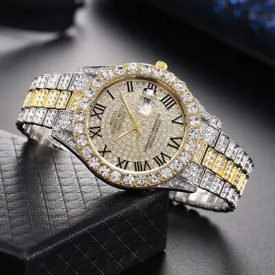 Market Central Luxury Gold Diamond Bling Watch For Men With Quartz Movement Calendar Design d