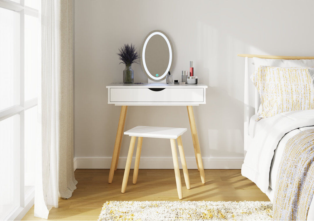 Norden Home Ailani Dressing Table with Mirror White 124cm H X 80cm W X 40cm D