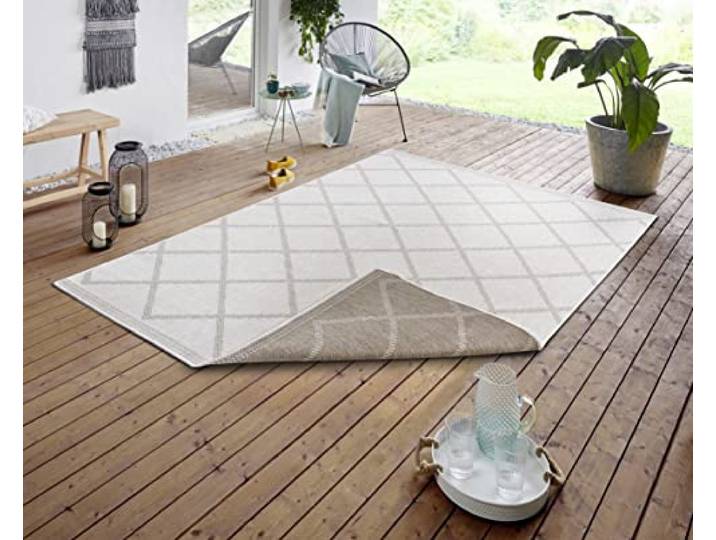 NORTHRUGS In- und Outdoor Teppich Corsica 120x170cm - Wendeteppich Wetterfest Modern Geometrisches Muster Teppich für Balkon Terrasse Garten Wintergarten Wohnzimmerteppich Wasserfest in Linen