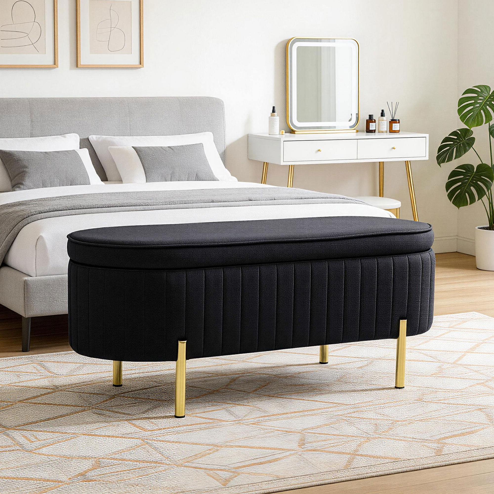 Altro Panca Contenitore Ingresso Ovale 72l Con Coperchio Sollevabile, Seduta Imbottita, In Velluto, Nero