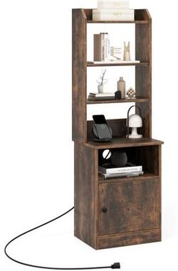 Costway 6-Tier Bookshelf Nightstand with Charging Station and Cabinet-Rustic Brown