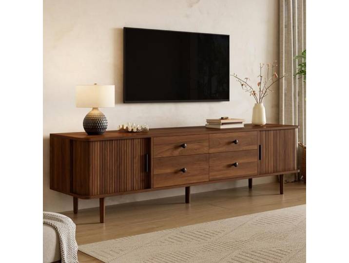 Meuble TV 180cm Meuble Télévision Bas avec 4 Tiroirs et 2 Portes Coulissantes Grand Espace de Rangement Banc TV Moderne Noyer