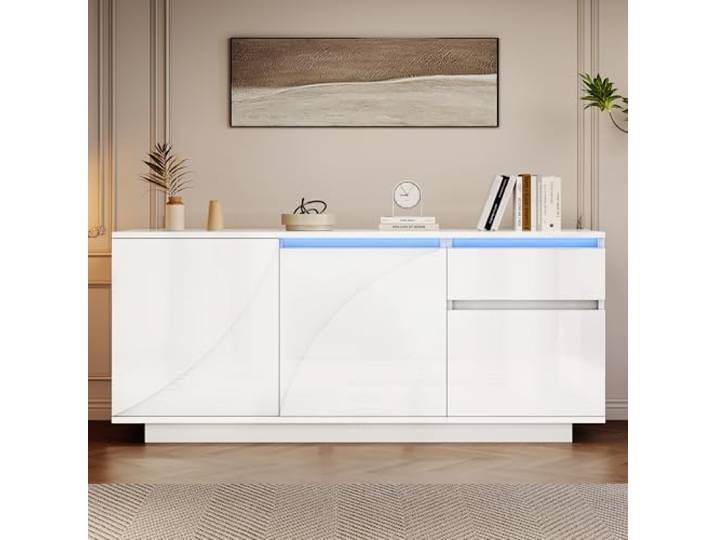 ModernLuxe LED Sideboard Hochglanz Wohnzimmer Beistellschrank 140x40x60cm,3 Schränken und 1 Schublade, MDF Kommode mit Verstellbaren Einlegeböden,Weiß
