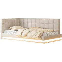Schlafsofa 90x200 cm mit LED-Beleuchtung und USB-Anschluss – multifunktionales Schlafsofa aus Leinenstoff Beige