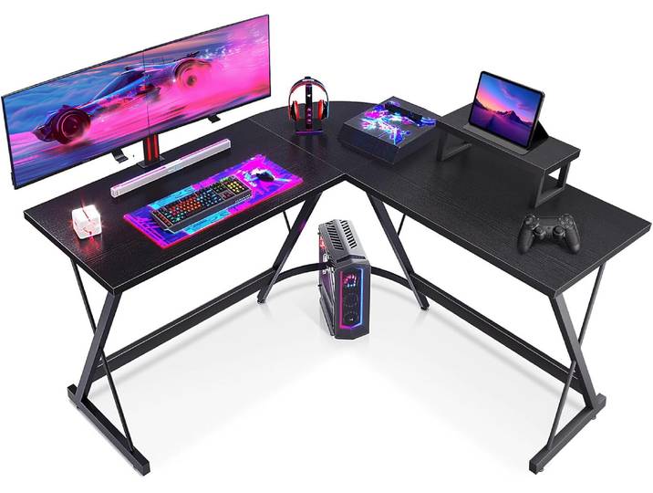Coleshome, Bureau Gaming Angle, ureau Gaming avec Support pour Moniteur, Table en L pour Le Travail à Domicile et Gaming, 127x127cm, Noir,