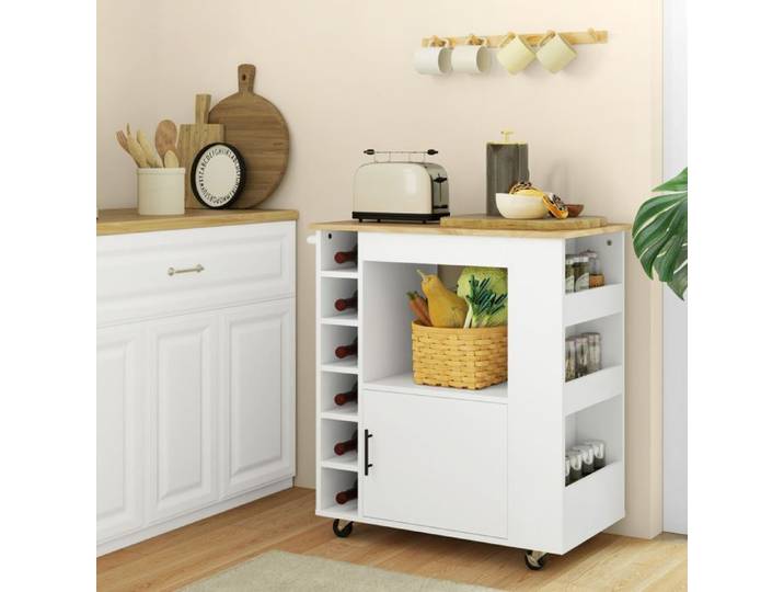 Desserte de Cuisine sur Roulettes avec Plan de Travail 6 Casiers et Placard - BEAUNIV - Blanc 83 × 40 × 83 cm