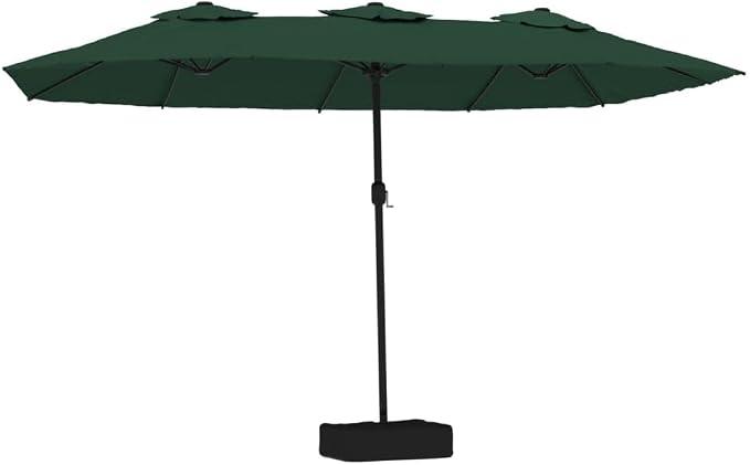 15x9 ft Double-Sided Patio Umbrella with Stand, Green | Includes a crank mechanism, polyester canopy, iron frame, and a sandbag for extra stability in gardens and patios.